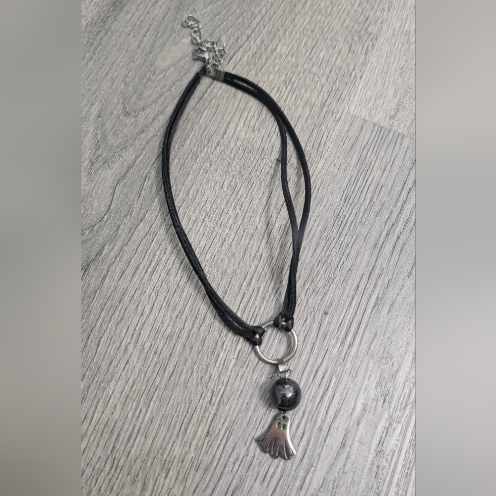 Handmade Hematite Ghost Choker Black Leather Gothic Necklace Y2K